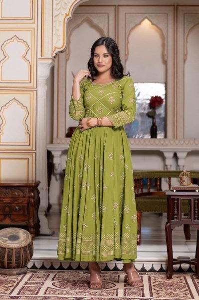 Modern Parrot Green Long Rayon Gown with Foil Print  Anarkali Kurtis 