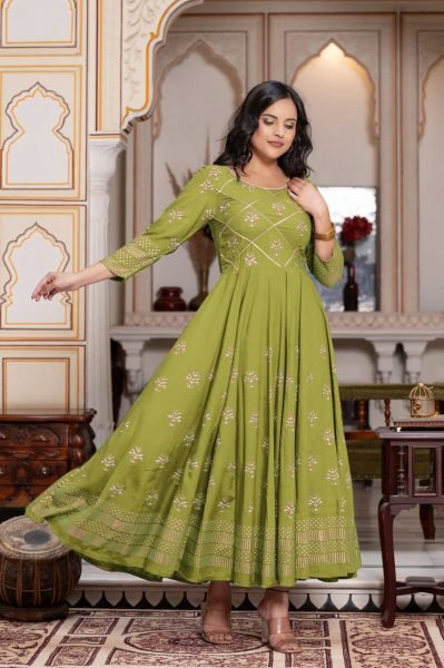 Modern Parrot Green Long Rayon Gown with Foil Print  Anarkali Kurtis 