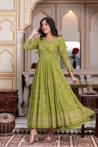 Modern Parrot Green Long Rayon Gown with Foil Print  Anarkali Kurtis 