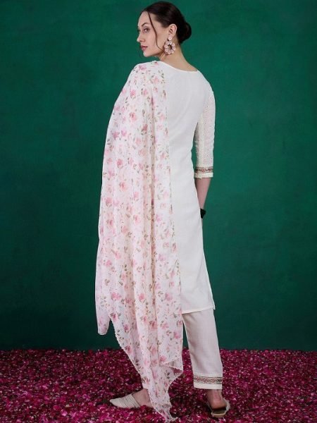 Modern White 3-Piece Embroidered Kurti Set With Kota Chex Dupatta At Manufacturer Price 3 Piece Kurti Set