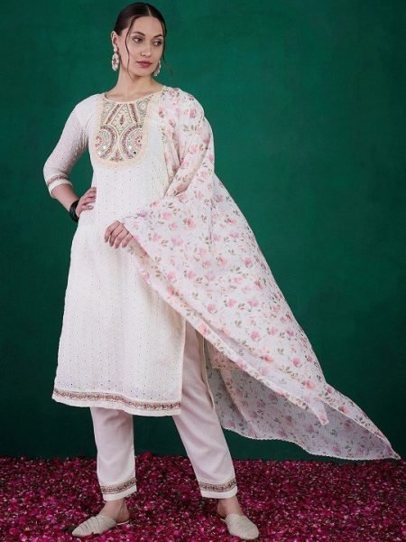 Modern White 3-Piece Embroidered Kurti Set With Kota Chex Dupatta At Manufacturer Price 3 Piece Kurti Set