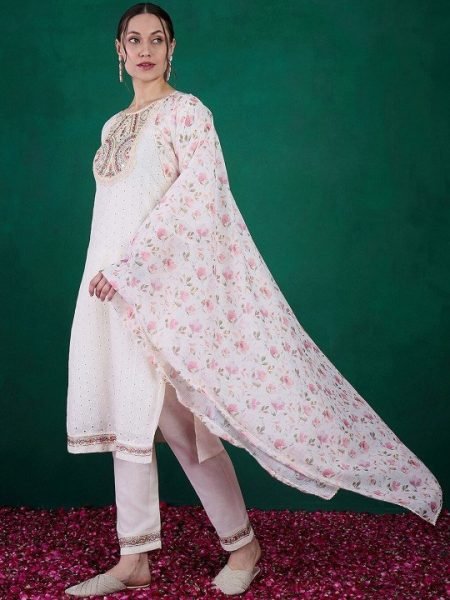 Modern White 3-Piece Embroidered Kurti Set With Kota Chex Dupatta At Manufacturer Price 3 Piece Kurti Set