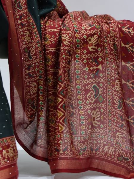 Delightful Bottle Green Mull Cotton Patola Print Saree with Sirovski Diamond And Zari Border  Cotton Sarees Wholesale