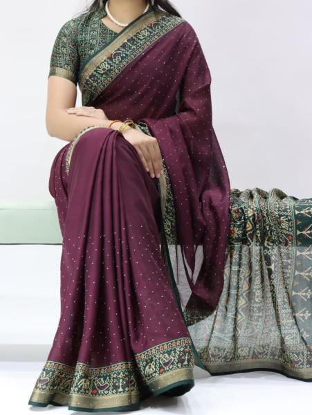 Modish Dark Purple Mull Cotton Patola Print Saree with Sirovski Diamond And Zari Border  Cotton Sarees Wholesale