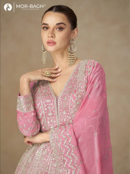 MOR-BAGH Chinnon Silk Anarkali with Embroidery Work Premium Designer Set for Weddings Anarakali Gown Wholesale