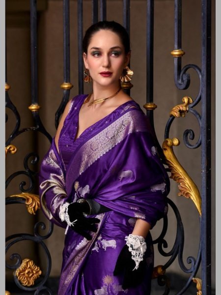 Most Popular Styles Purple Color Sattin Mungha Silk Saree Collection By Royal Export  Designer Wedding Sarees Wholesale