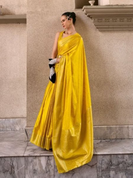 Most Popular Styles Yellow Color Sattin Mungha Silk Saree Collection By Royal Export  Sarees 