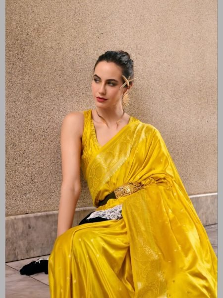 Most Popular Styles Yellow Color Sattin Mungha Silk Saree Collection By Royal Export  Designer Wedding Sarees Wholesale