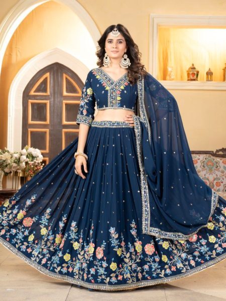 Most Trending Blue Faux Georgette Lehenga Choli With Thread Embroidery Designer Lehenga Choli