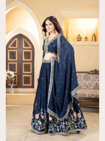 Most Trending Blue Faux Georgette Lehenga Choli With Thread Embroidery Designer Lehenga Choli