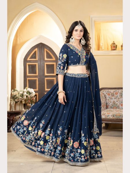 Most Trending Blue Faux Georgette Lehenga Choli With Thread Embroidery Designer Lehenga Choli