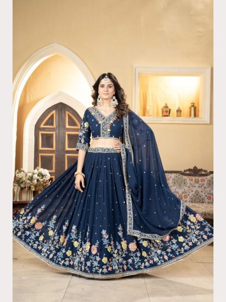 Most Trending Blue Faux Georgette Lehenga Choli With Thread Embroidery Designer Lehenga Choli