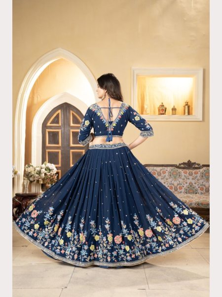 Most Trending Blue Faux Georgette Lehenga Choli With Thread Embroidery Designer Lehenga Choli