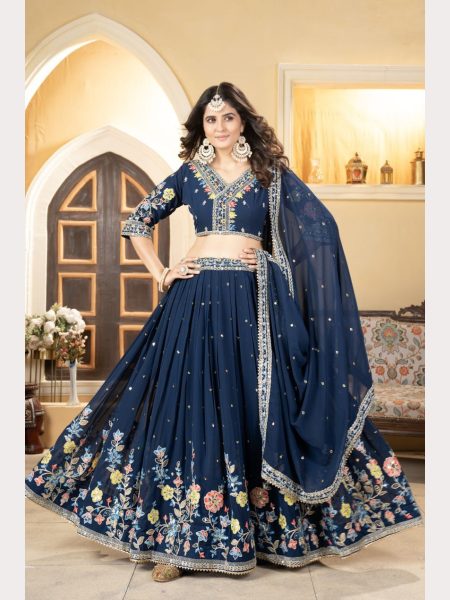 Most Trending Blue Faux Georgette Lehenga Choli With Thread Embroidery Designer Lehenga Choli