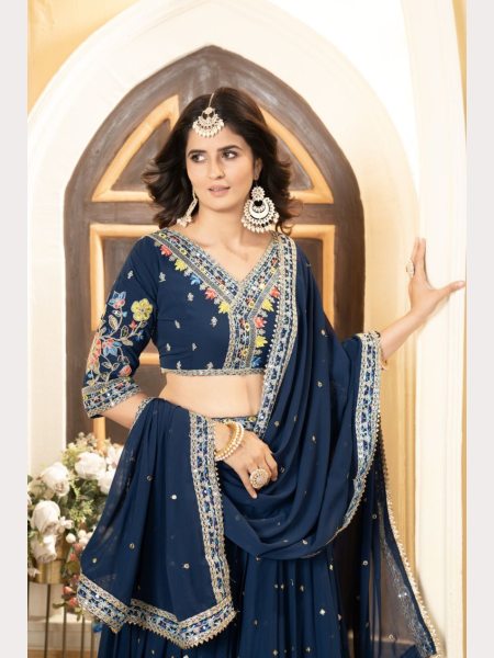 Most Trending Blue Faux Georgette Lehenga Choli With Thread Embroidery Designer Lehenga Choli