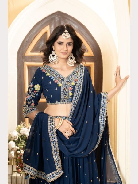 Most Trending Blue Faux Georgette Lehenga Choli With Thread Embroidery Designer Lehenga Choli