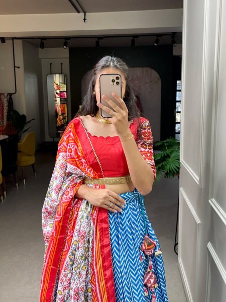 Multi Blue Gujarati Cotton Garba Dandiya Print Lehenga Set Navratri Lehnega Choli