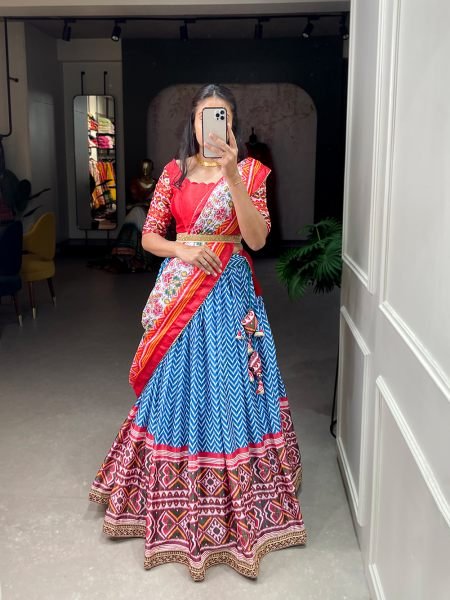 Multi Blue Gujarati Cotton Garba Dandiya Print Lehenga Set Navratri Lehnega Choli