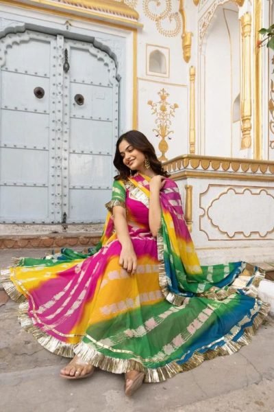 Multi Color Fox Georgette Printed Gown Pant   Dupatta 3 Piece Kurti Set