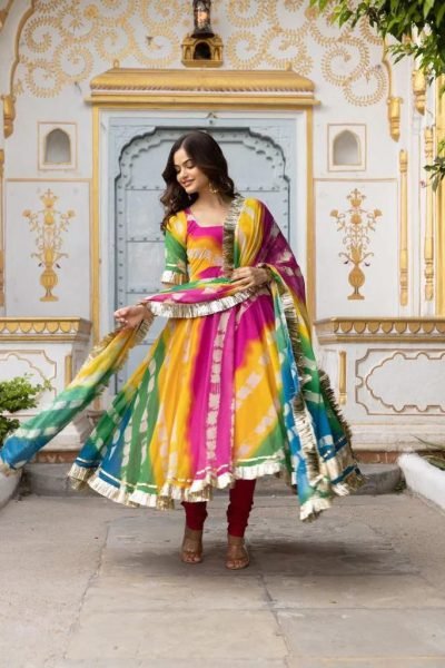 Multi Color Fox Georgette Printed Gown Pant   Dupatta 3 Piece Kurti Set