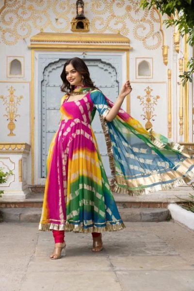 Multi Color Fox Georgette Printed Gown Pant   Dupatta 3 Piece Kurti Set