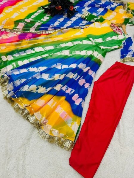 Multi Color Fox Georgette Printed Gown Pant   Dupatta 3 Piece Kurti Set