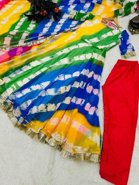 Multi Color Fox Georgette Printed Gown Pant   Dupatta 3 Piece Kurti Set