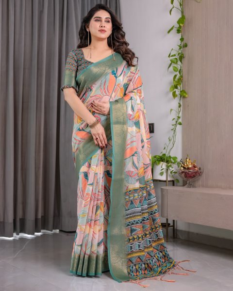 Multi Color Linen Saree with Designer Floral Print nad Matching Blouse Export Quality Printed Cotton Sarees Wholesale
