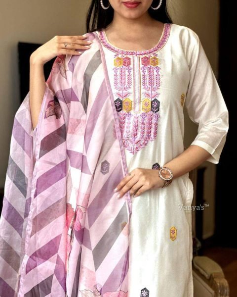 Multi Color Viscose Chanderi Kurti Set with Tebby Silk Dupatta Set Embroidered Ethnic Wear  Straight Cut Long Kurtis