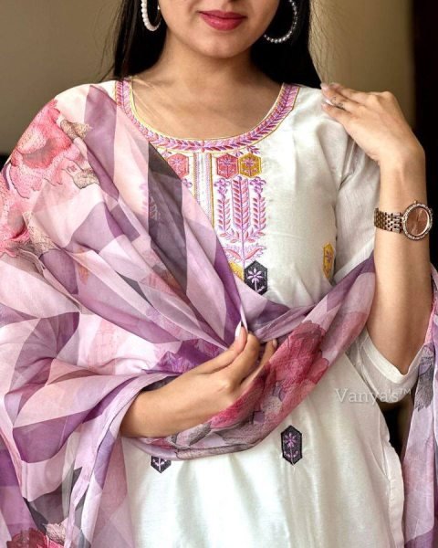 Multi Color Viscose Chanderi Kurti Set with Tebby Silk Dupatta Set Embroidered Ethnic Wear  Straight Cut Long Kurtis