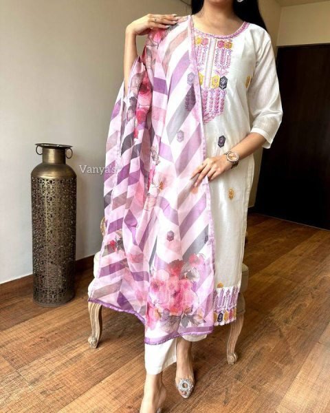 Multi Color Viscose Chanderi Kurti Set with Tebby Silk Dupatta Set Embroidered Ethnic Wear  Straight Cut Long Kurtis