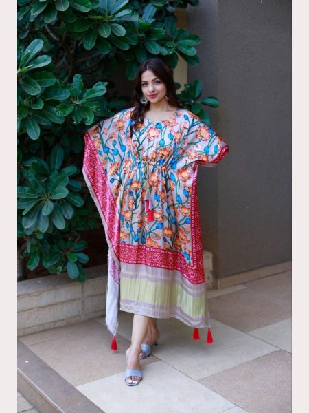 Multi Colour Digital Print Pure Gaji Silk Kaftan Kaftan 