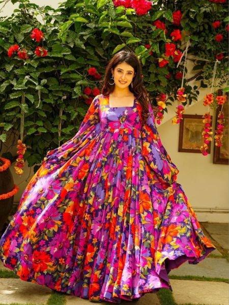 Multi Colour Flower Printed Gown  Georgette Kurti 