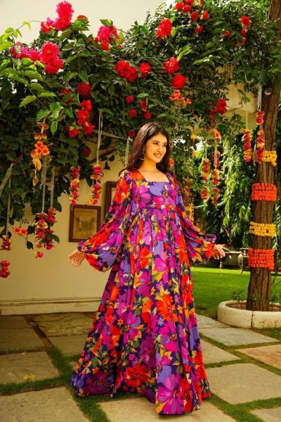 Multi Colour Flower Printed Gown  Georgette Kurti 