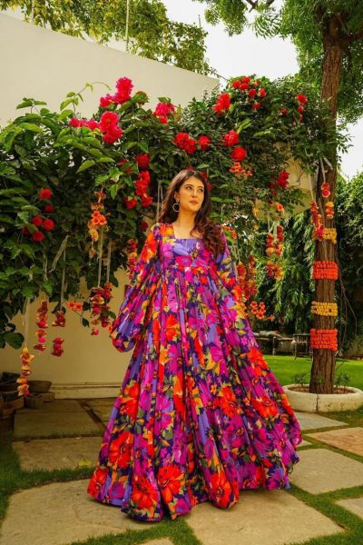 Multi Colour Flower Printed Gown  Georgette Kurti 