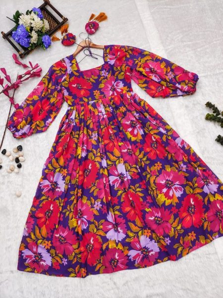 Multi Colour Flower Printed Gown  Georgette Kurti 