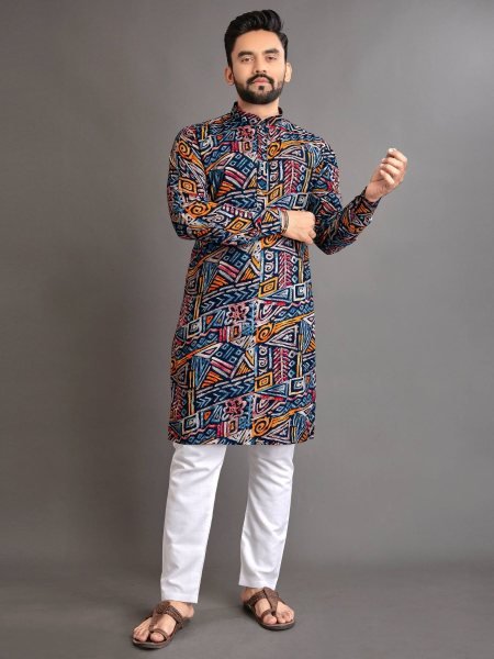 Multicolor Cotton Foil Print Kurta Pajama for Men Festive Wear