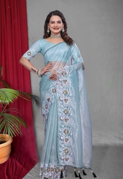 Multicolor Embroidered Net Saree with Tassels Light Party Look Net Sarees Wholesale