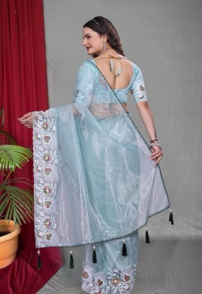 Multicolor Embroidered Net Saree with Tassels Light Party Look Net Sarees Wholesale