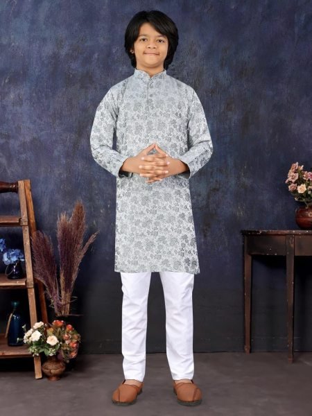 Multicolor Jacquard Silk Kurta Pajama for Boys Festival Special Boys Wear