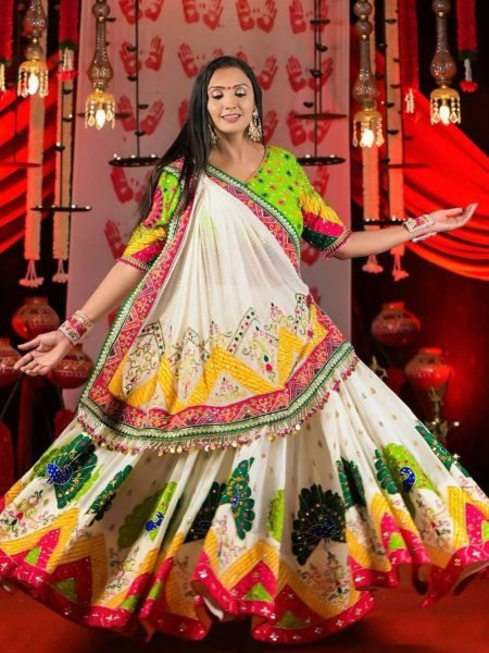 Multicolor Muslin Lehenga Choli with Mirror Work Navratri Special  Lehenga