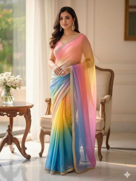 Multicolor Organza Digital Print Saree with Heavy Embroidered Mono Silk Readymade Blouse 