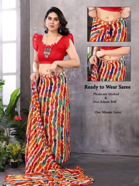 Multicolor Printed Georgette Ready-to-Wear Saree with Banglori Silk Blouse Ready To Wear Saree 