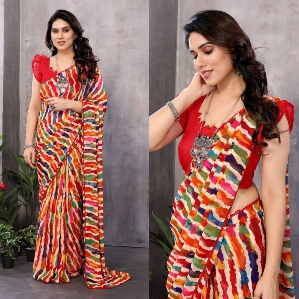 Multicolor Printed Georgette Ready-to-Wear Saree with Banglori Silk Blouse Ready To Wear Saree 