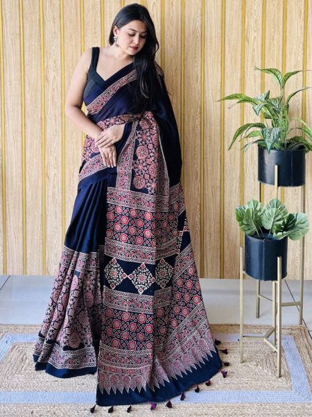 Muslin Ajrakh Digital Printed  Silk Saree with Rich Pallu   Sarees 