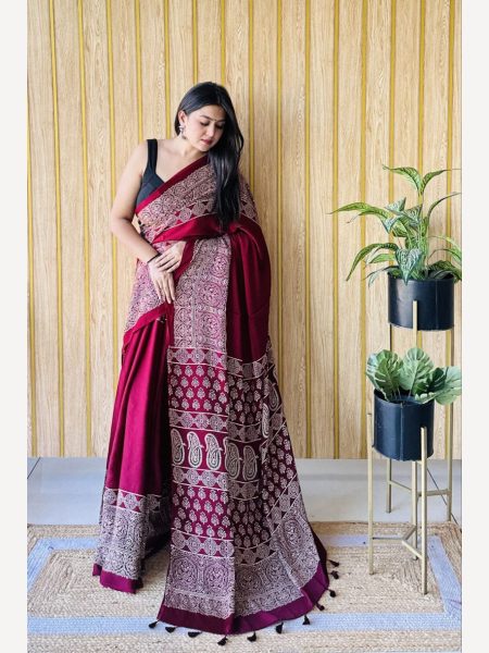 Muslin Ajrakh Digital Printed  Silk Saree with Rich Pallu   Silk Sarees Wholesale