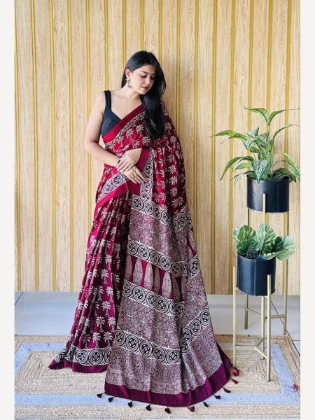 Muslin Ajrakh Digital Printed  Silk Saree with Rich Pallu   Silk Sarees Wholesale