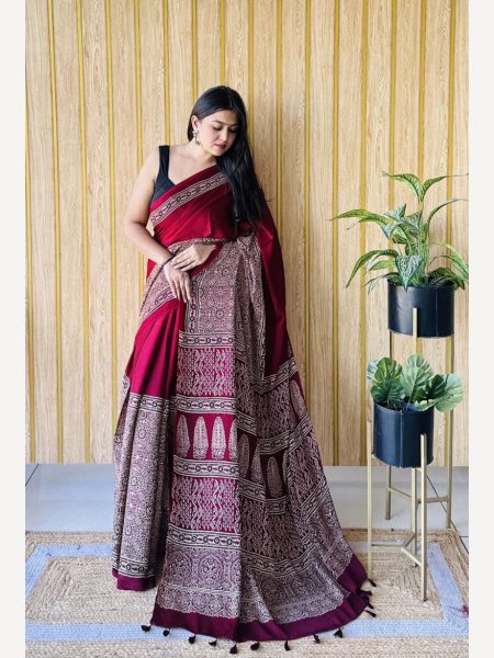 Muslin Ajrakh Digital Printed  Silk Saree with Rich Pallu   Silk Sarees Wholesale