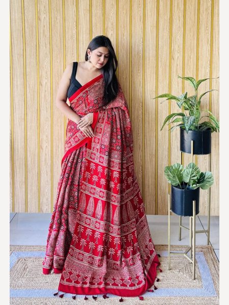 Muslin Ajrakh Digital Printed  Silk Saree with Rich Pallu   Silk Sarees Wholesale