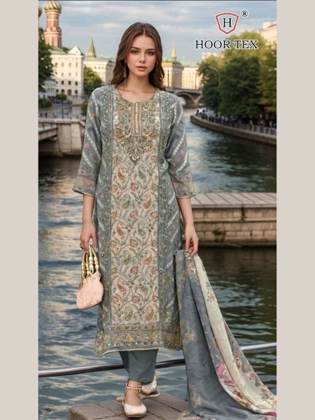 Muslin Pakistani Suit with Dupatta Designer H-382D by Hoor Tex Salwar Kameez